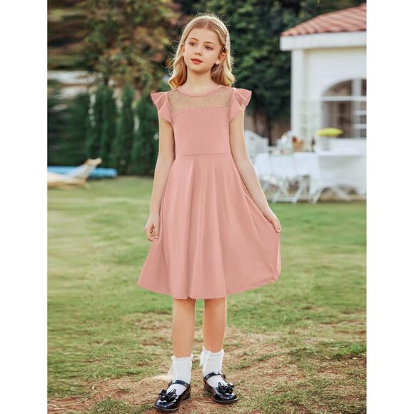 🆕Girl Pink Polyester  Summer Ruffle Sleeve Mesh A Line Casual Party Dress - Picture 2 of 6